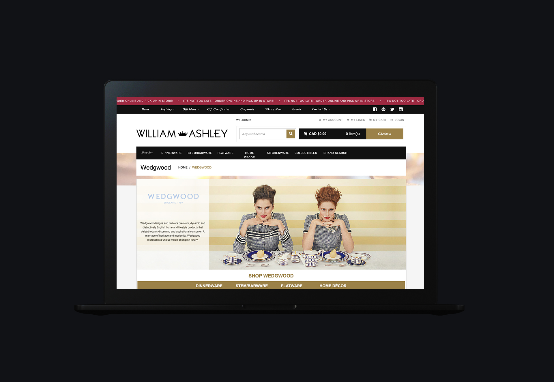 image of laptop computer on a black background featuring the William Ashley website